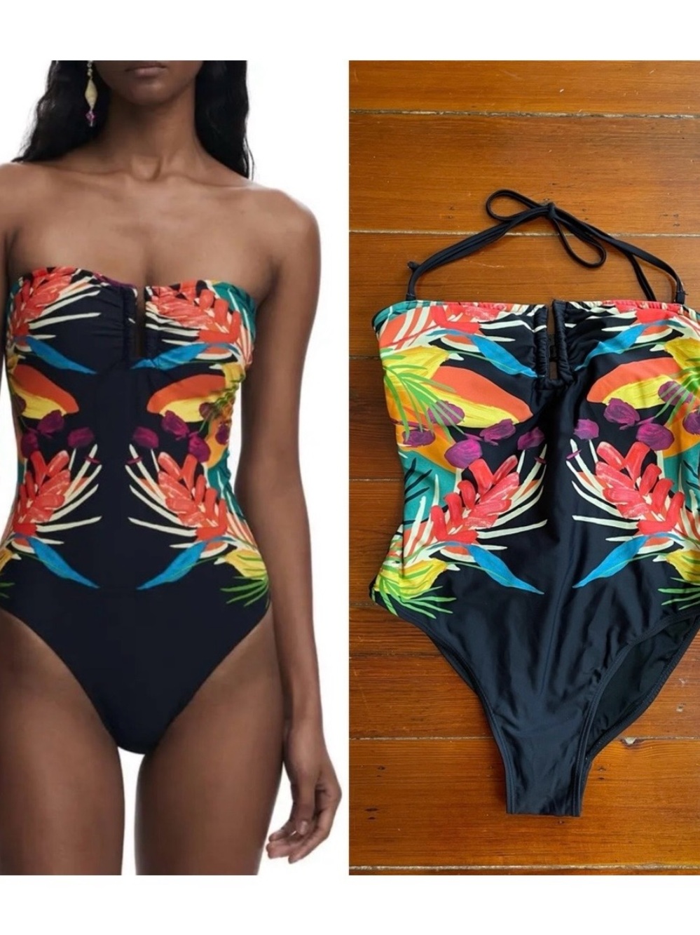 Desigual Placement Print One Piece Tropical Floral Swimsuit Sz L 🧡🎀